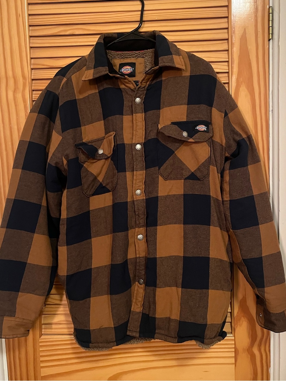 Dickies Mens M Fleece Lined Flannel Shirt Jacket Brown/Dark Navy Buffalo Plaid